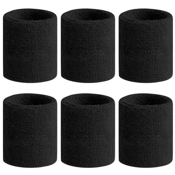 Six black sweat-absorbing sports wrist guards displayed in a pack.