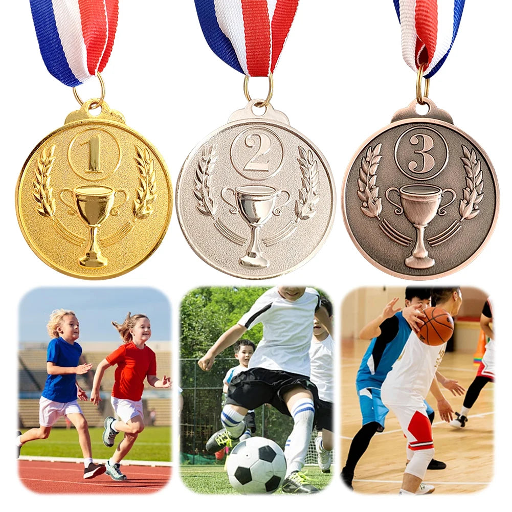 Three achievement medals in gold, silver, and bronze mounted on ribbons, alongside photos of athletes playing sports.