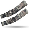 A pair of tactical camouflage arm sleeves designed for UV protection.