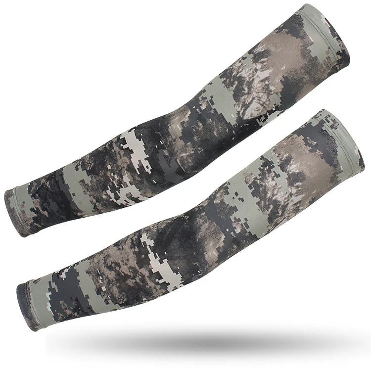 A pair of tactical camouflage arm sleeves designed for UV protection.
