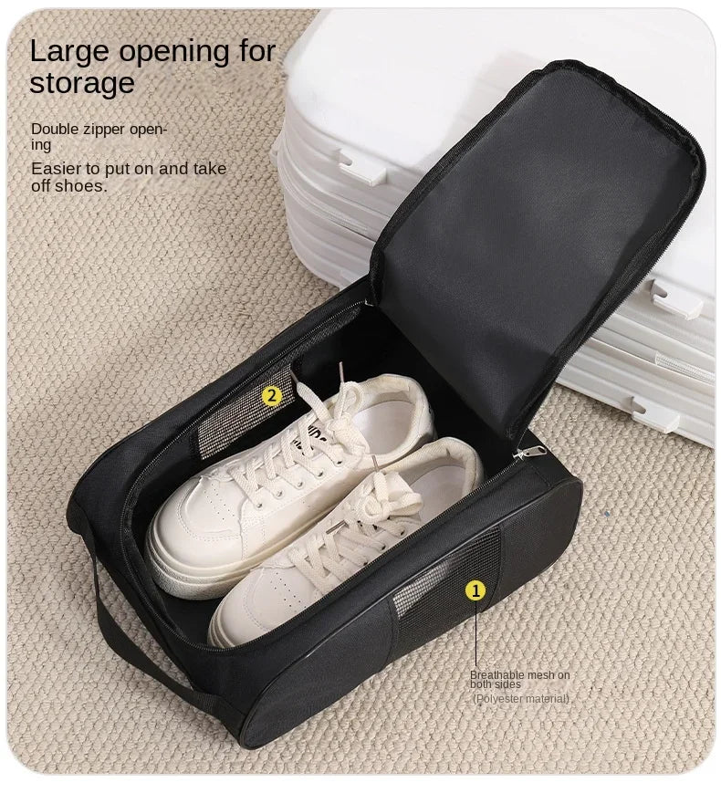 Black shoe carrier bag with a large opening for storage showing a pair of white athletic shoes inside