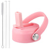 A pink secure straw lid for wide mouth bottles shown with multiple straws.