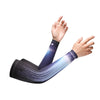 A hand wearing a dark blue UV protection cooling arm sleeve for sports activities.
