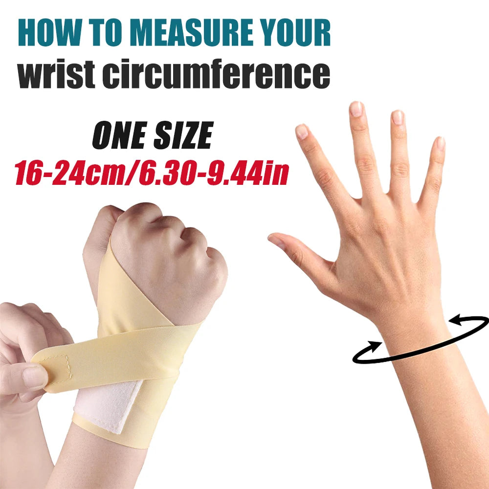 A hand is shown wearing a beige wrist compression strap to measure circumference.