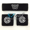Two black embroidered cotton sports wristbands featuring a white letter W and a white geometric design.