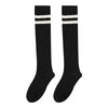 Black cotton knee high socks with white stripes on the leg