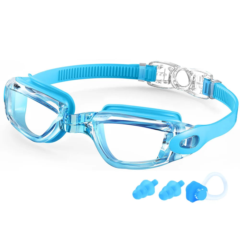 A pair of blue anti-fog swimming goggles with a silicone strap and clear lenses.