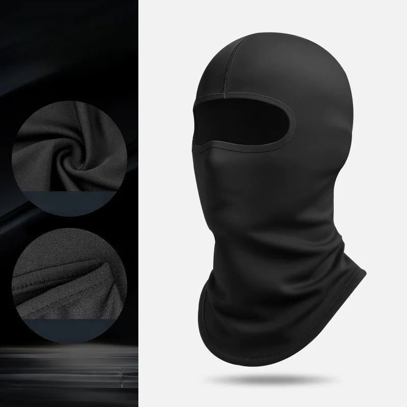 A black thermal balaclava and head covering shown in a close-up view.