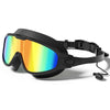 Black swimming goggles with mirrored orange and blue lenses and an adjustable strap.