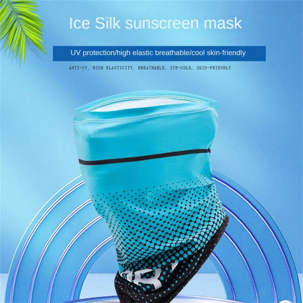 A light blue ice silk sunscreen mask is shown against a blue background with a green leaf, highlighting its UV protection and