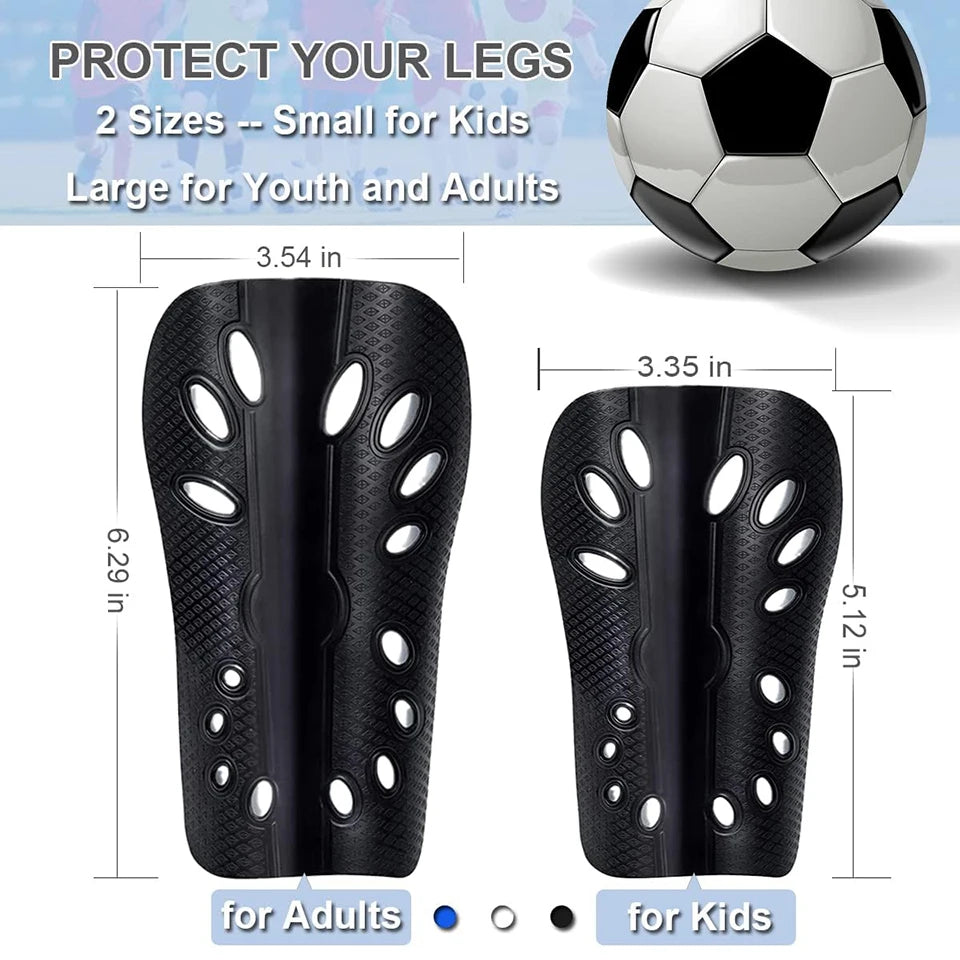 Black adjustable EVA soccer shin guards shown with size options for adults and kids