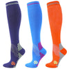 Three pairs of medical grade compression socks in navy blue, royal blue, and orange.