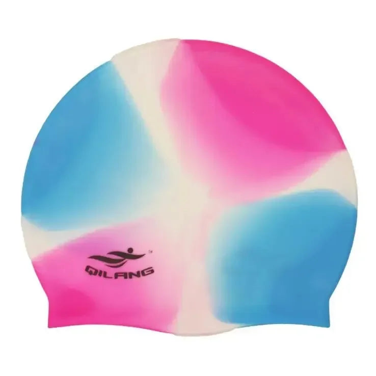 A pink and blue gradient silicone swim cap with a floral pattern.