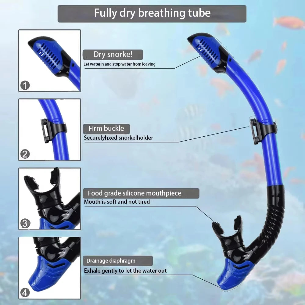 Premium 3-in-1 Snorkeling Set with Panoramic Mask, Dry Snorkel, and Adjustable Fins