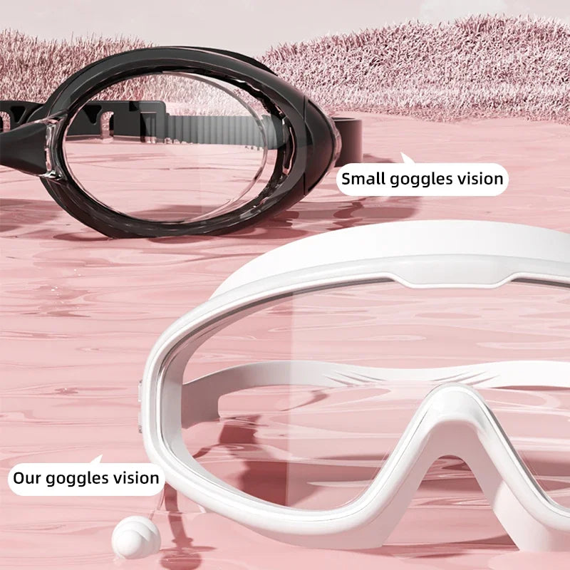 Comparación de gafas de natación antiempañante pequeñas negras y blancas mostrando diferente claridad visual.