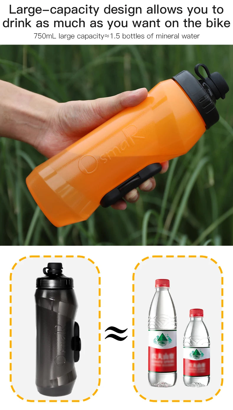 An orange magnetic quick-release water bottle is held in a hand, shown next to comparison bottles.