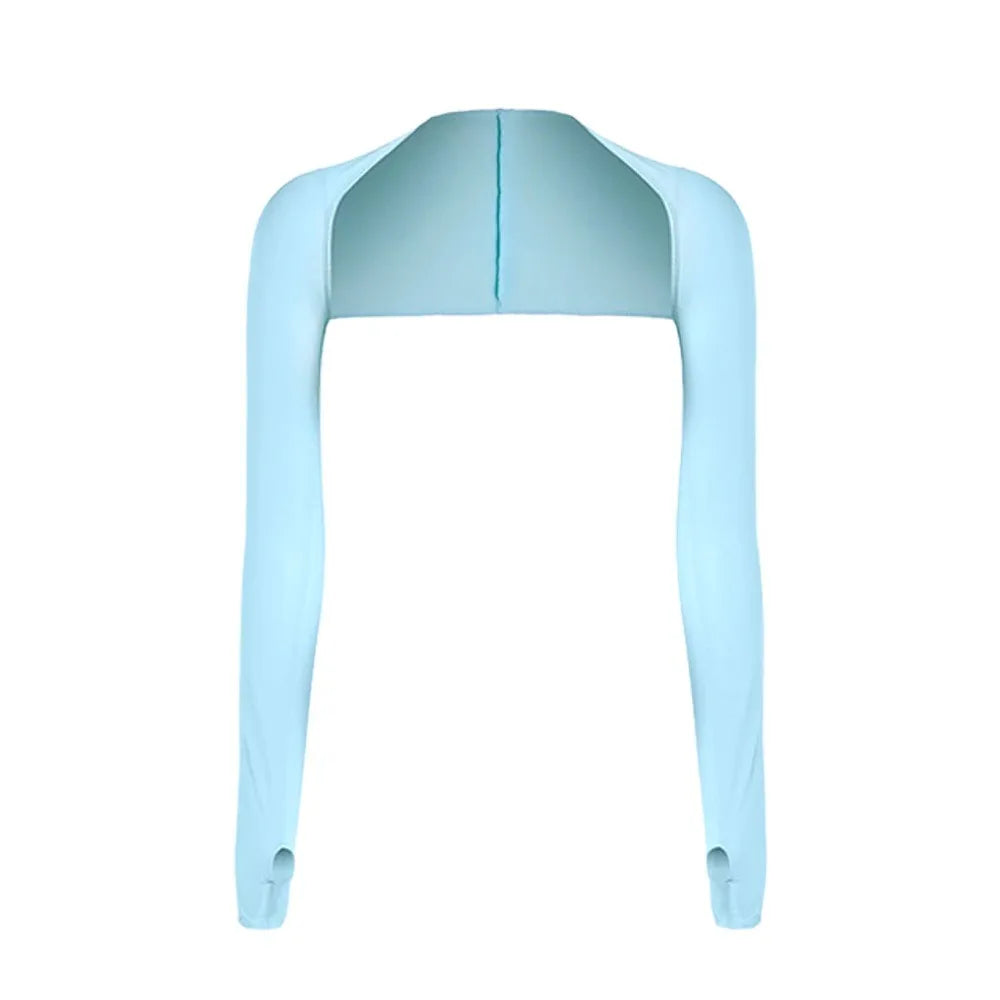 Light blue ice silk sun protection arm sleeves displayed flat