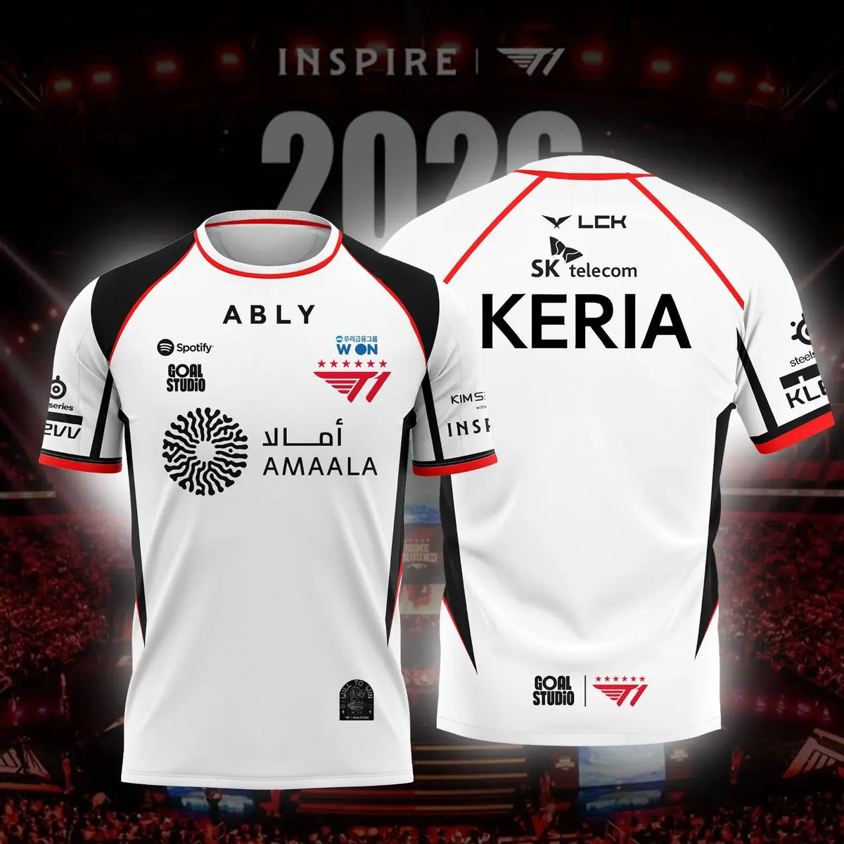 A white esports team jersey with black accents featuring the name KERIA and sponsor logos on a dark background.