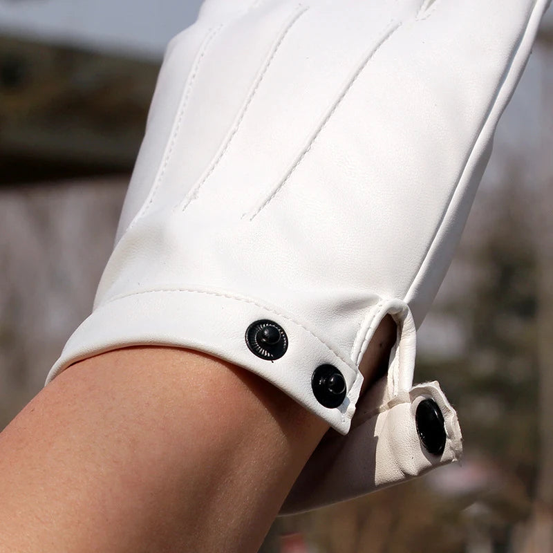 A close-up of a person wearing white PU leather fingerless fitness gloves on their hand.