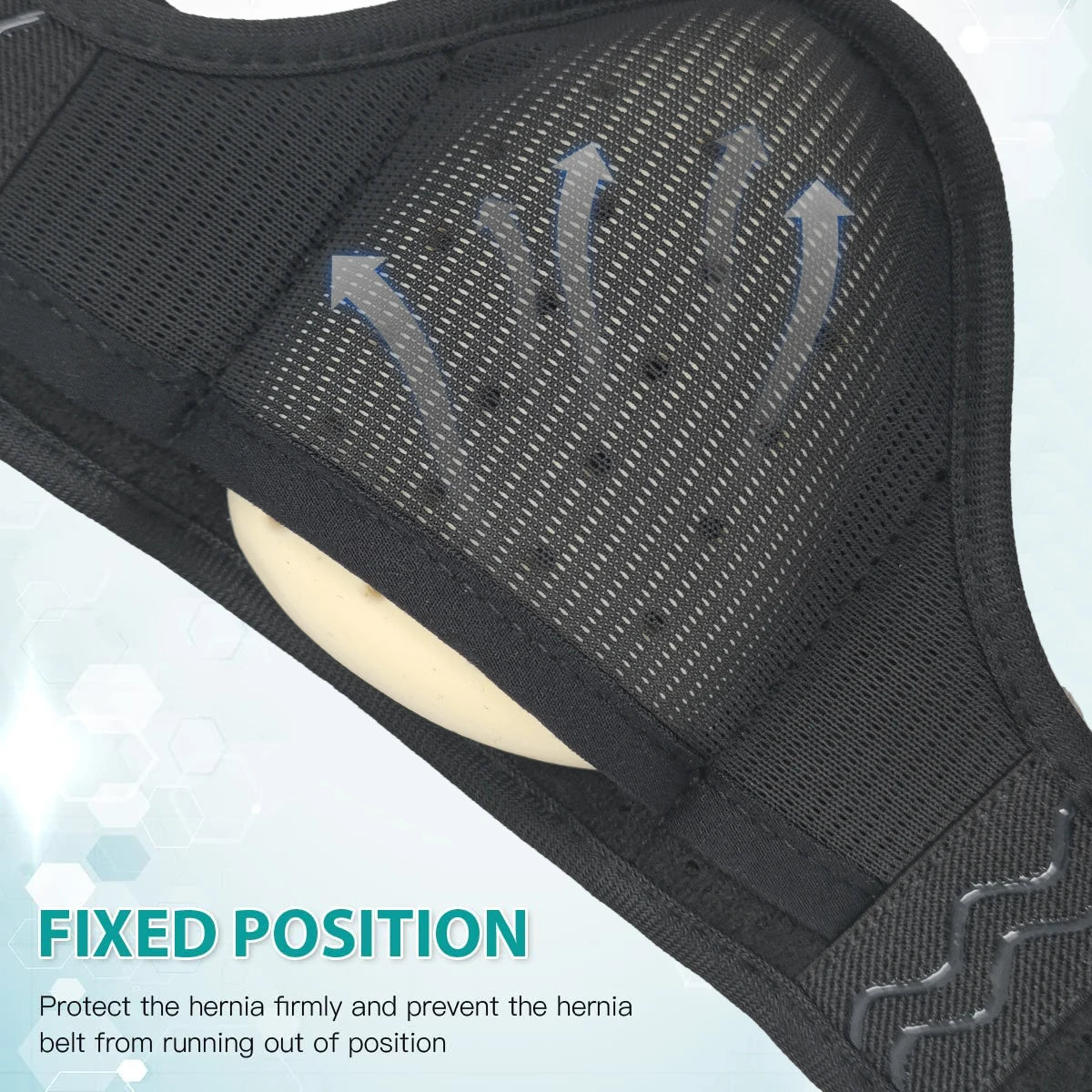 Black inguinal hernia support belt with mesh compression pads shown on a person's body.