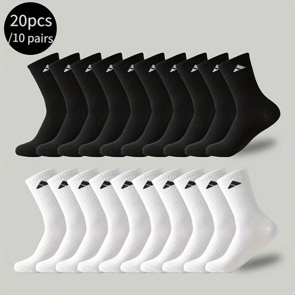 A stack of 20 pairs of black and white men's breathable athletic crew socks displayed on a light gray background.