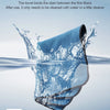 A blue microfiber towel is shown being cleaned with water, demonstrating its ability to easily remove dirt.