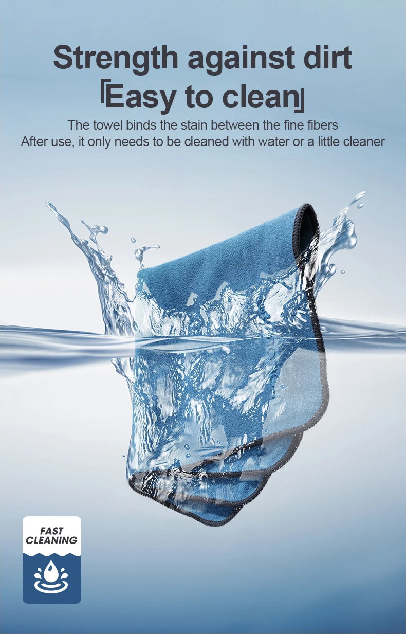 A blue microfiber towel is shown being cleaned with water, demonstrating its ability to easily remove dirt.