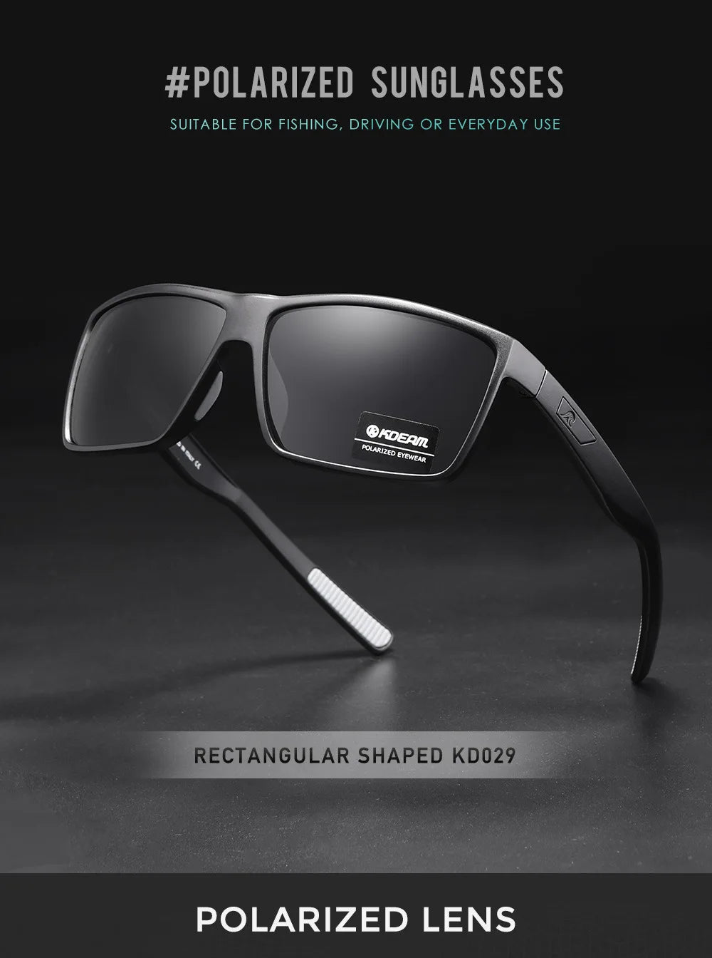 A pair of black rectangular polarized sunglasses with a dark frame and polarized lens resting on a dark surface.