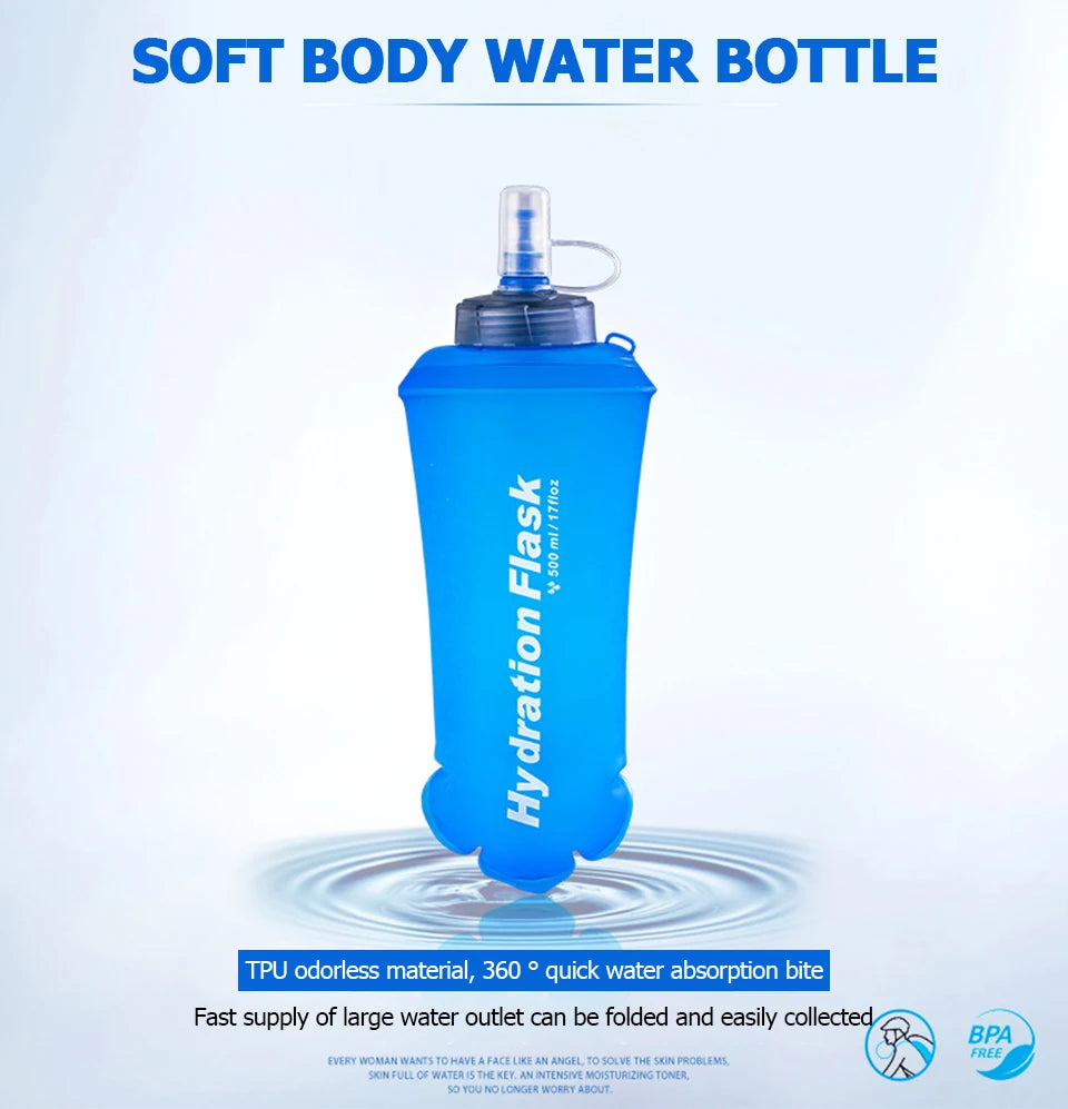 A bright blue Soft Body Water Bottle with a clear cap is shown against a white background.