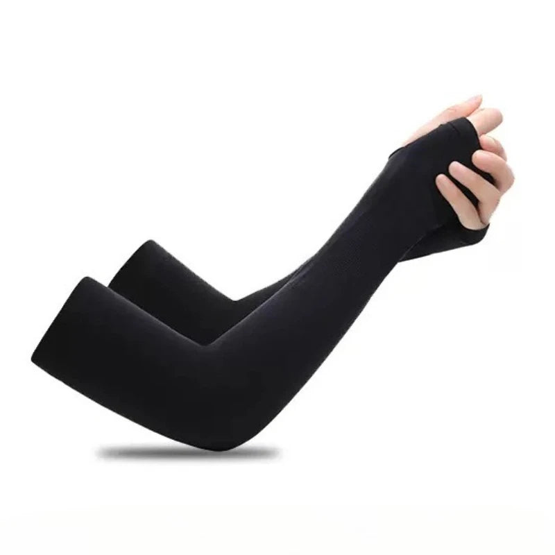 Black unisex cycling and outdoor arm guards worn on a hand and forearm.