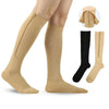 A set of high elasticity compression socks in beige and black colors shown on a foot.