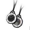A black and white octagonal quartz pocket watch with leather straps is shown against a white background.
