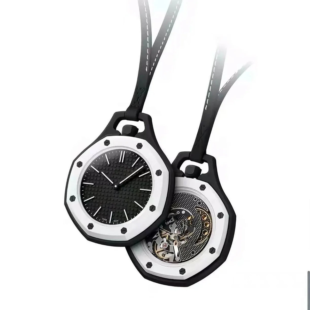 A black and white octagonal quartz pocket watch with leather straps is shown against a white background.
