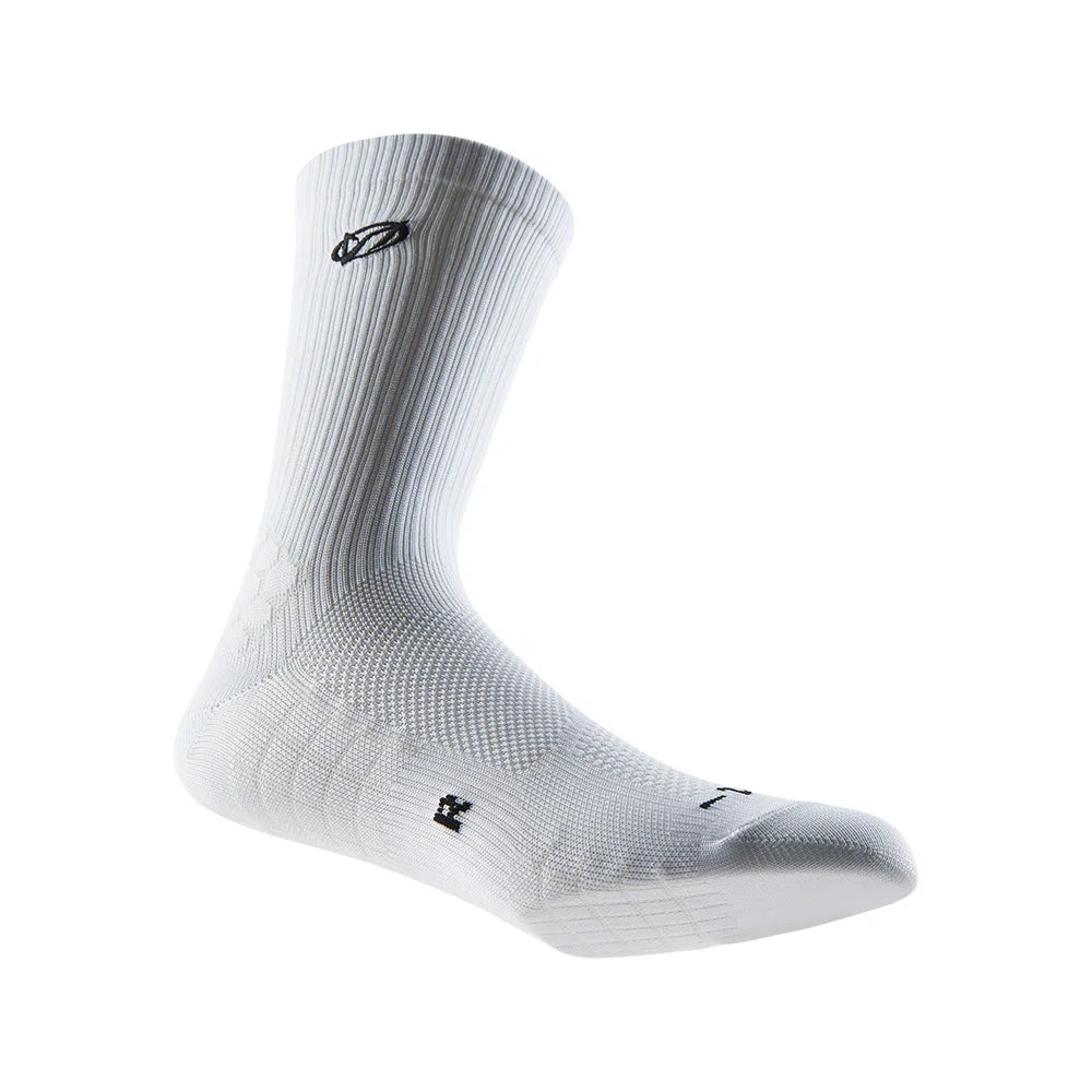 A white athletic running sock with arch support visible from the side.