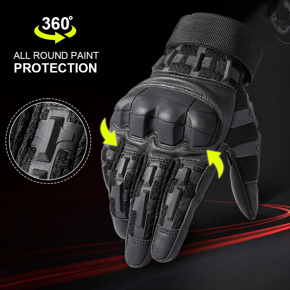 A close-up view of black tactical PU leather finger gloves showing the 360 degree paint protection feature.
