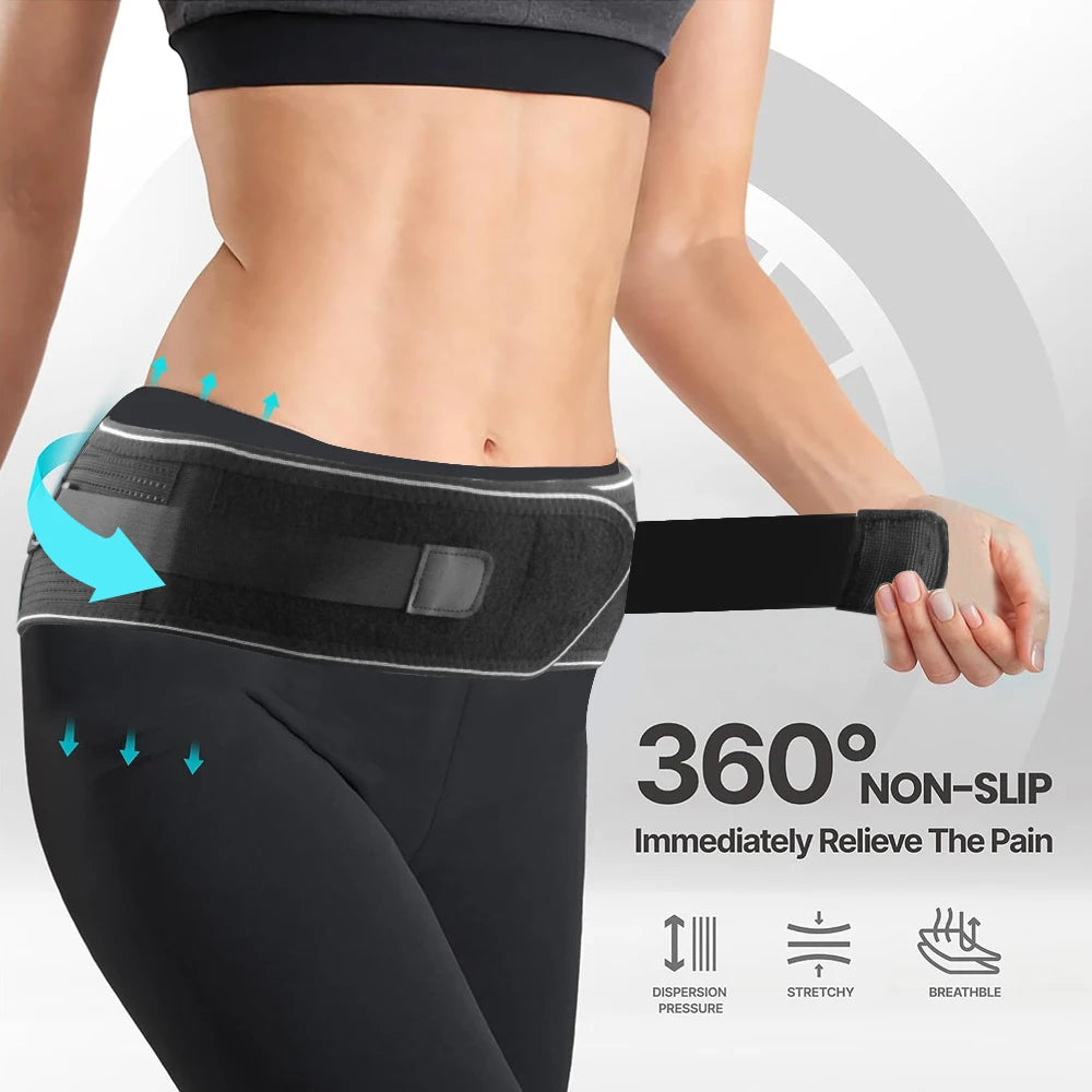 A person wearing a black lower back pain support belt, demonstrating its non-slip and stretchy features.