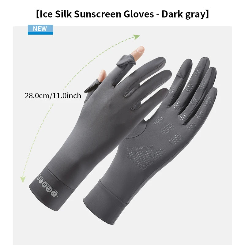 Dark gray silk sunscreen gloves shown on a hand, highlighting the product size and design.