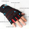 Black fingerless sports gloves showing various design features like wrist strap, stitching reinforcement, and breathable fabr