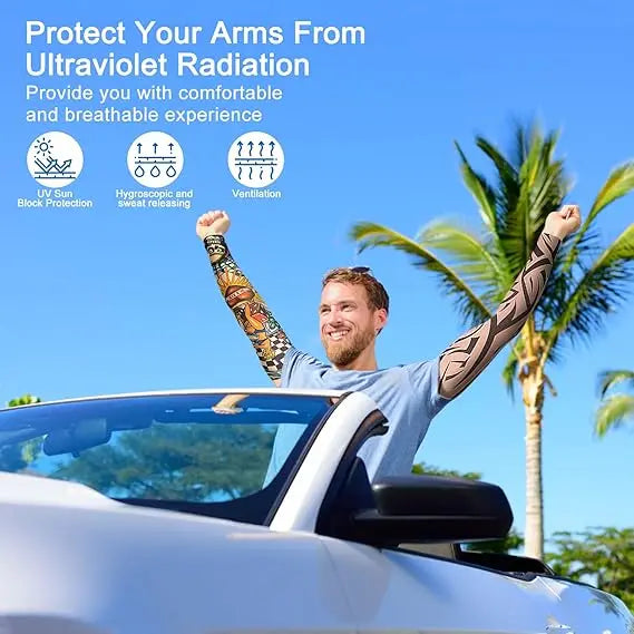 A man wearing full arm tattoo sleeves is outdoors, protecting his arms from ultraviolet radiation.