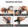 Instructions showing how to wear gym weightlifting straps by twinning the wrist, going through the ring, tightening the strap