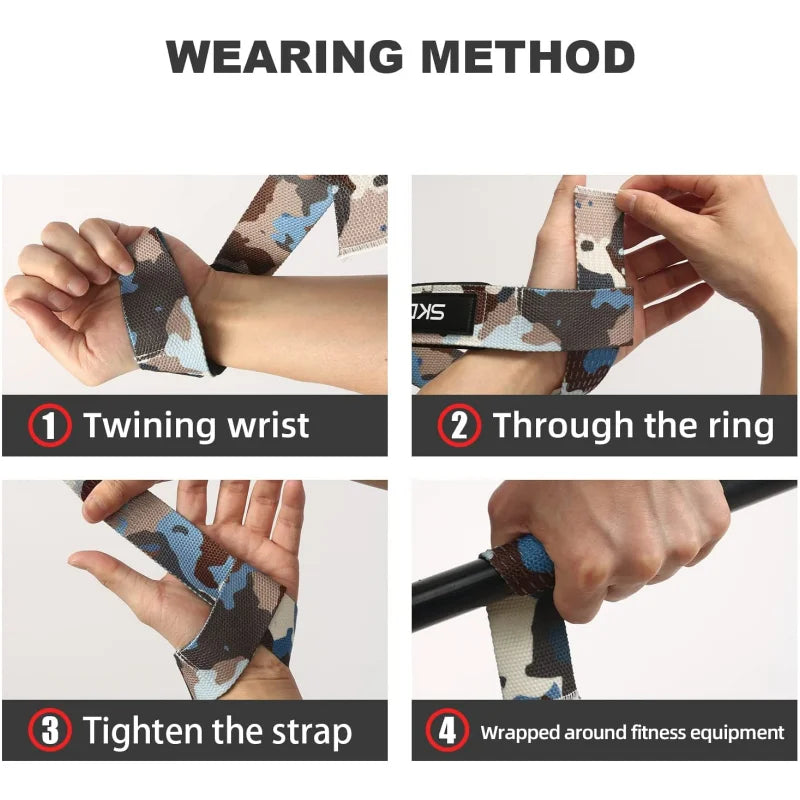 Instructions showing how to wear gym weightlifting straps by twinning the wrist, going through the ring, tightening the strap