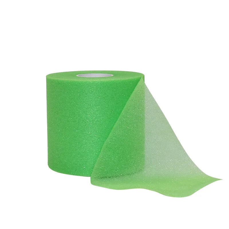 A roll of bright green protective foam athletic tape wrap shown in a triangular shape.
