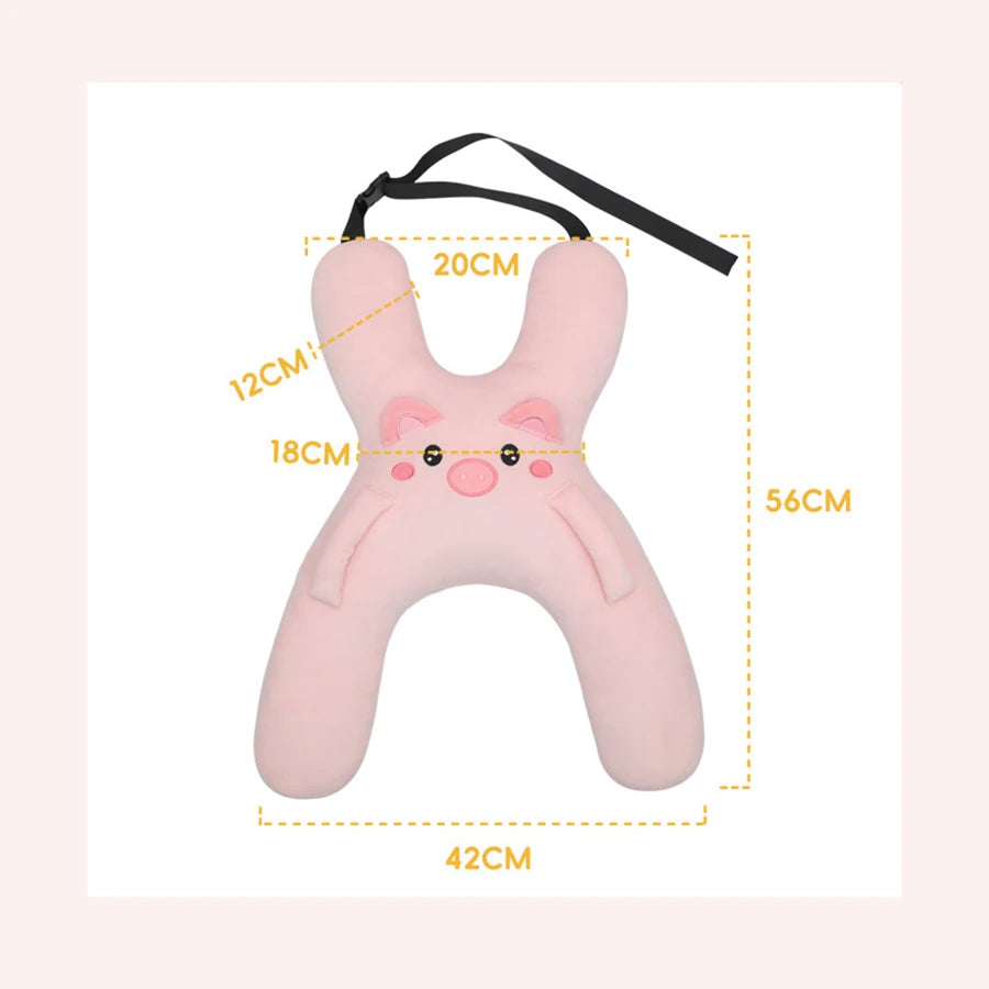 Oreiller ergonomique pour le cou de voiture rose avec sangles, montré dans un diagramme avec dimensions.