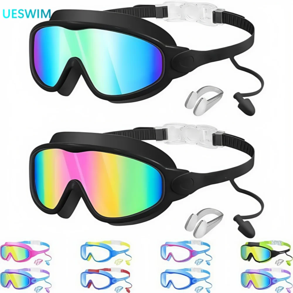 A set of kids swim goggles with earplugs and nose clip shown in various colors.