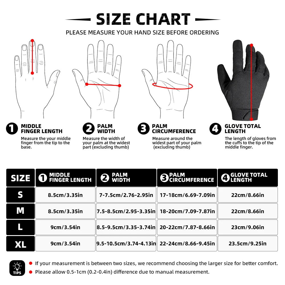 Size chart showing measurements for various hand sizes to help select the correct tactical touch screen outdoor gloves