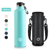 A light blue 1000ml stainless steel insulated thermos bottle and a black insulated water bottle sleeve.