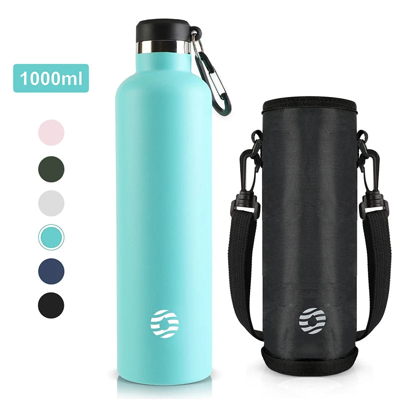 A light blue 1000ml stainless steel insulated thermos bottle and a black insulated water bottle sleeve.