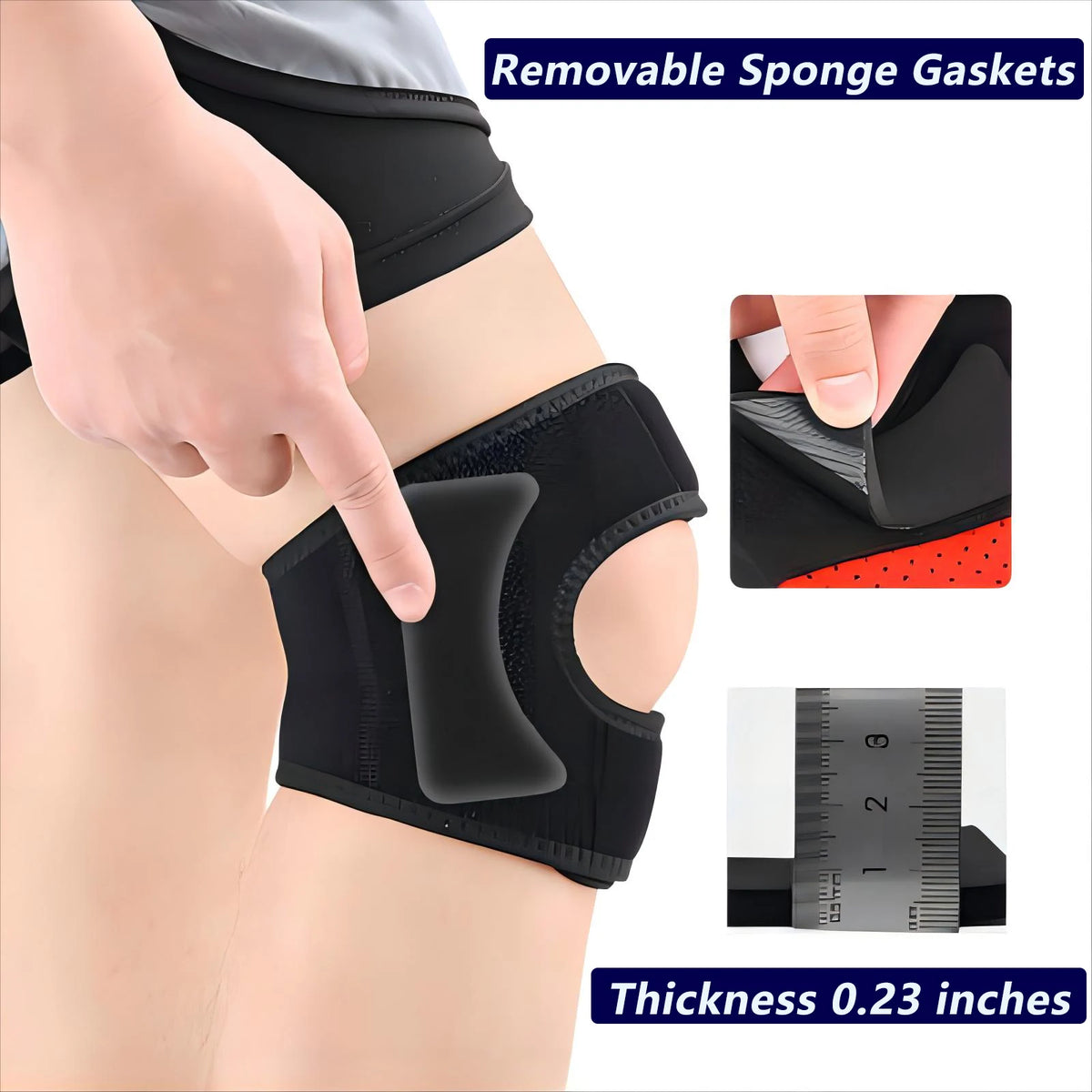 Black removable sponge gaskets on an adjustable knee brace showing thickness and fit.