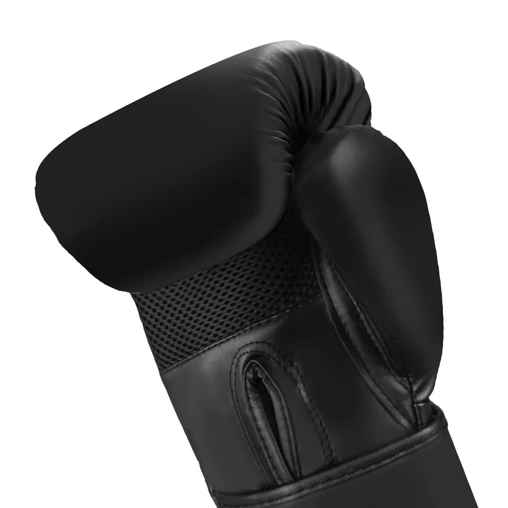 A close-up view of a black professional boxing and Muay Thai training glove.