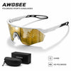 A pair of AWGSEE polarized sports sunglasses with yellow-tinted lenses shown against a white background.